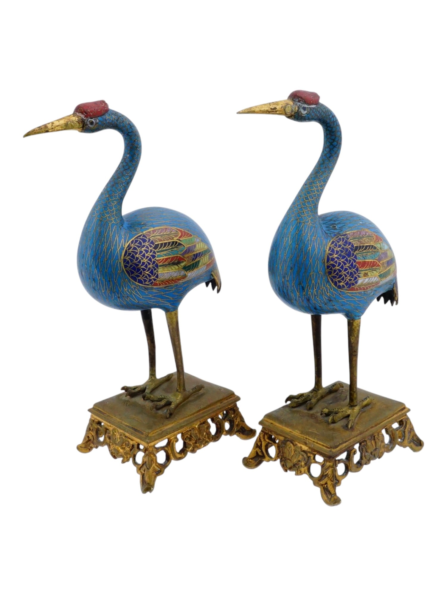 ANTIQUE CHINESE GILT BRONZE AND ENAMEL CRANE FIGURES (1 of 7)