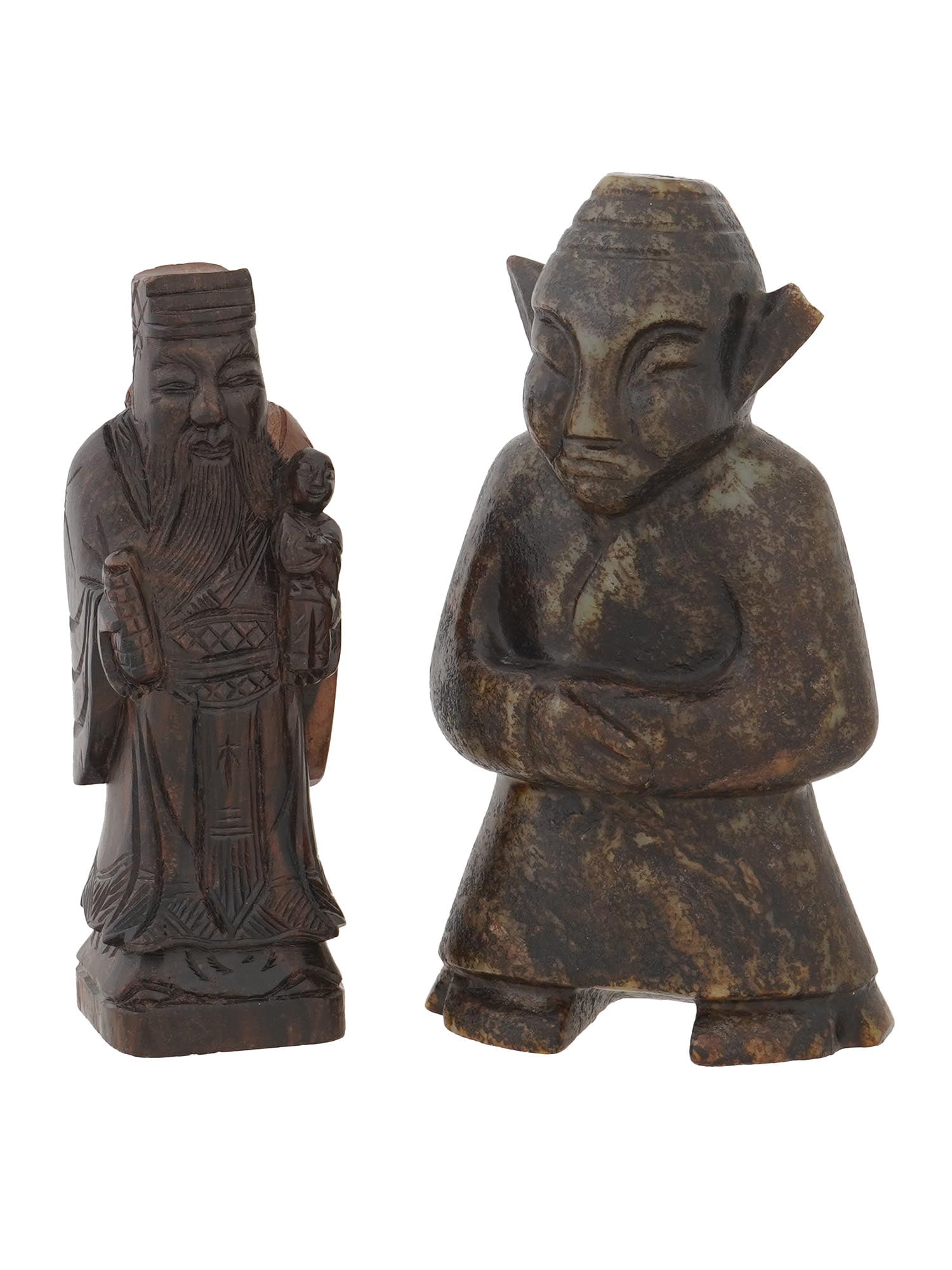 TWO CHINESE CARVED WOOD AND DARK JADE FIGURINES (1 of 7)