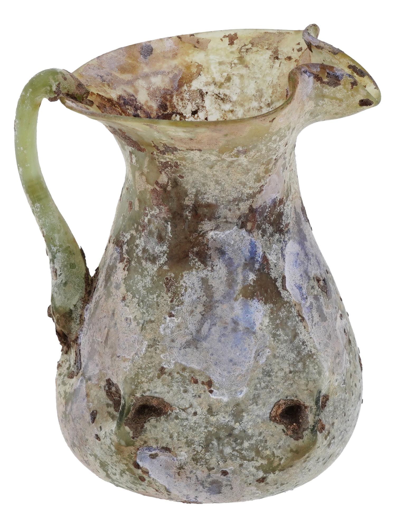 ANCIENT ROMAN GLASS OINOCHOE JUG 100 TO 300 AD: An ancient Roman glass oinochoe jug or pitcher, circa 100 to 300 AD. The jug, made of light green glass, has an ovoid body with a tall cylindrical neck and trefoil lip. An undulating trail around the