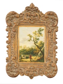 VTG PRINT OF LANDSCAPE HUNTING SCENE W ORNATE FRAME