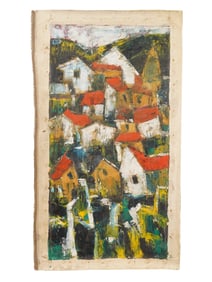 INDIAN CITYSCAPE OIL PAINTING SIGNED RAZA 1963