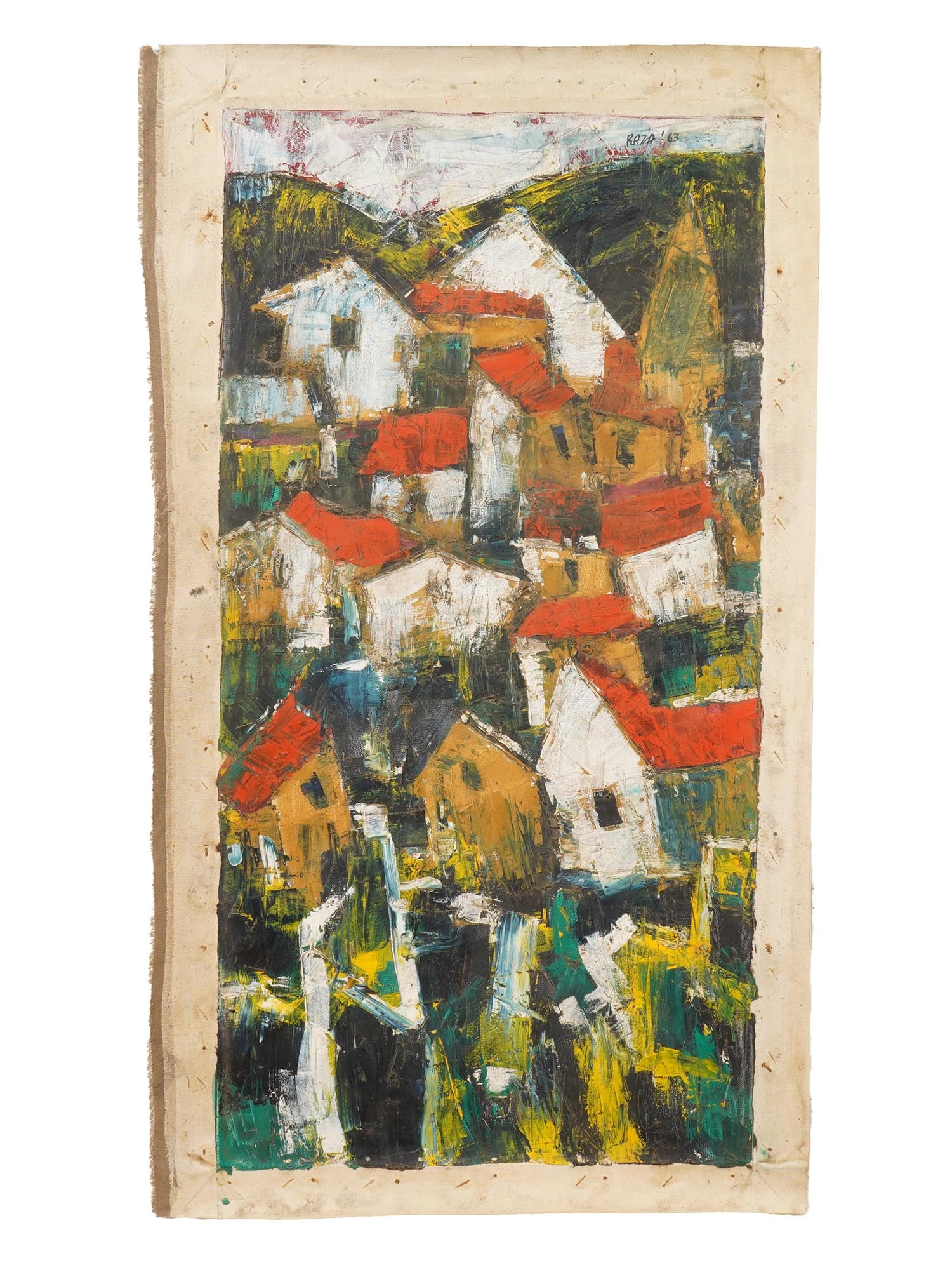 INDIAN CITYSCAPE OIL PAINTING SIGNED RAZA 1963 (1 of 5)