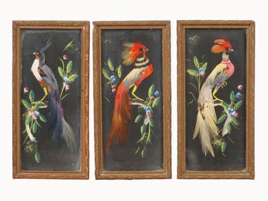 THREE VINTAGE MEXICAN FOLK ART FEATHER BIRD PAINTINGS