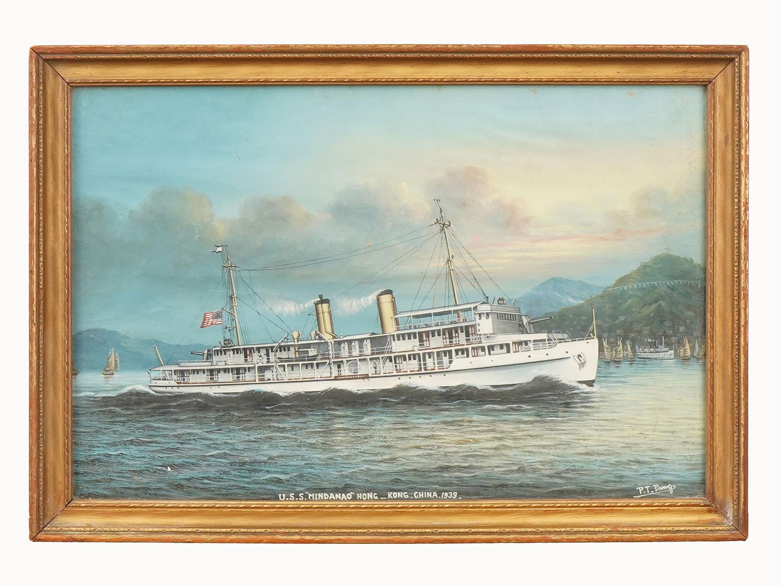USS MINDANAO NAVAL OIL PAINTING SIGNED PT PANGO: Oil on canvas painting of a ship in port waters. Titled USS Mindanao, Hong Kong, China, 1939 in the bottom middle. Signed in the lower right, P.T. Pango. Framed. USS Mindanao was a river gunboat in th