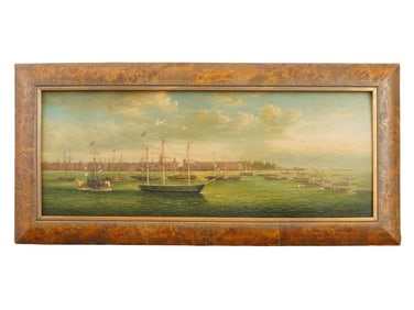 ANTIQUE OIL ON BOARD SEASCAPE W SHIPS PAINTING