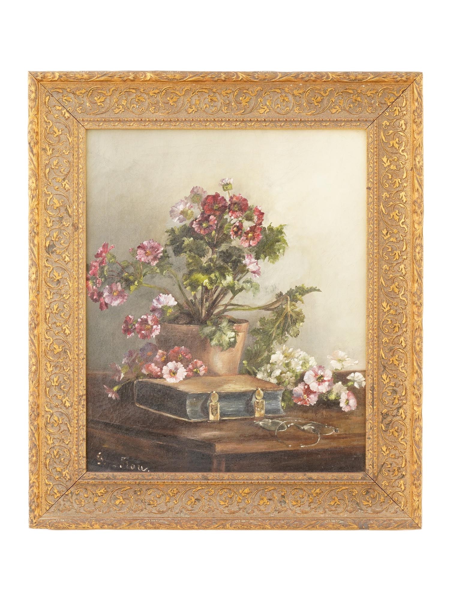 ANTIQUE OIL STILL LIFE PAINTING W FLOWERS (1 of 5)