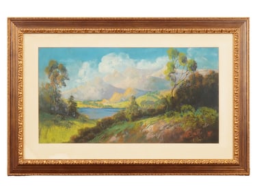 MID CENTURY PASTEL LANDSCAPE PAINTING LAKE SIGNED