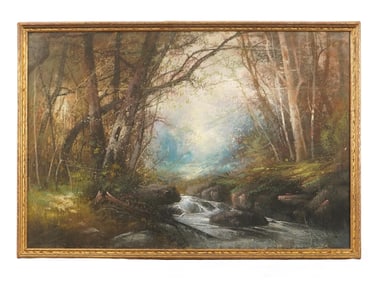 MID CENTURY PASTEL LANDSCAPE PAINTING RIVER WOODED AREA