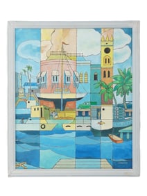 MIXED MEDIA PAINTING HARBOR SCENE SIGNED J COOPER