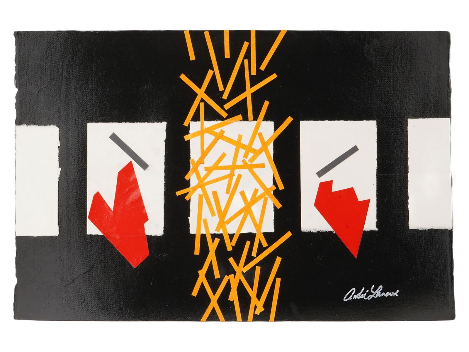 ABSTRACT COLLAGE SIGNED ANDI LANBEX: An abstract collage with black, white, red, and orange elements, featuring a central cluster of orange strips. Signed Andi Lanbex lower right. Modernist Abstract Fine Art Collage, Home Decor And Art C