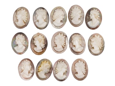 COLLECTION OF 14 ANTIQUE HAND CARVED PORTRAIT CAMEOS