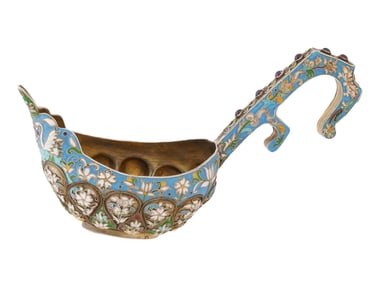 RUSSIAN GILT SILVER CLOISONNE ENAMEL KOVSH LADLE