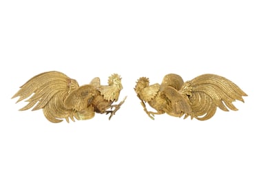 PAIR OF VINTAGE BRONZE FIGHTING ROOSTER SCULPTURES
