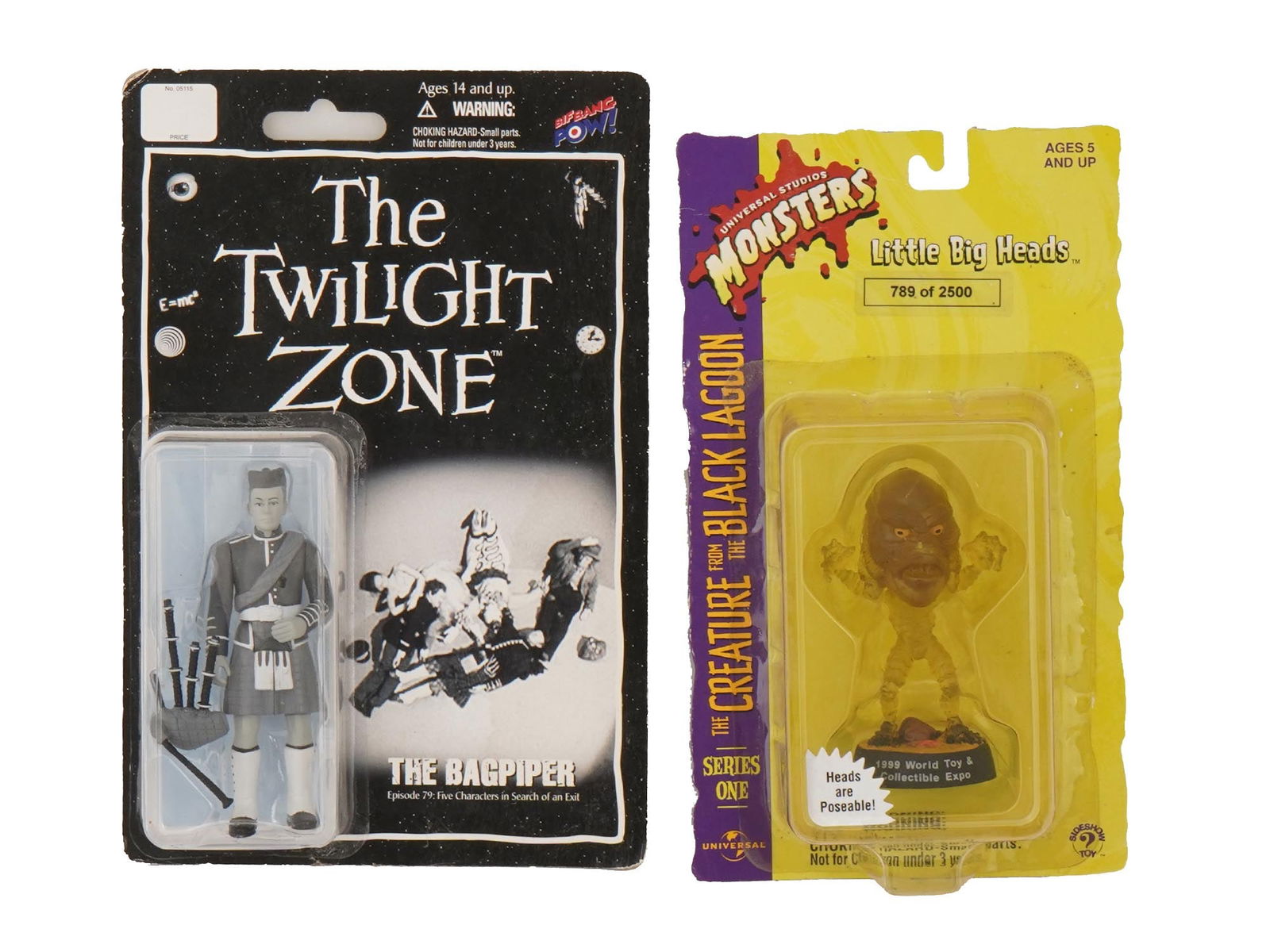 HORROR MOVIE LIMITED EDITION ACTION FIGURES IOB: A lot of two vintage action figures in original box. 2015 Bif Bang Pow, The Twilight Zone, The Bagpiper, 425 out of 1400. 1998 Universal Studios Monsters, Little Big Heads, The Creature of the Black L