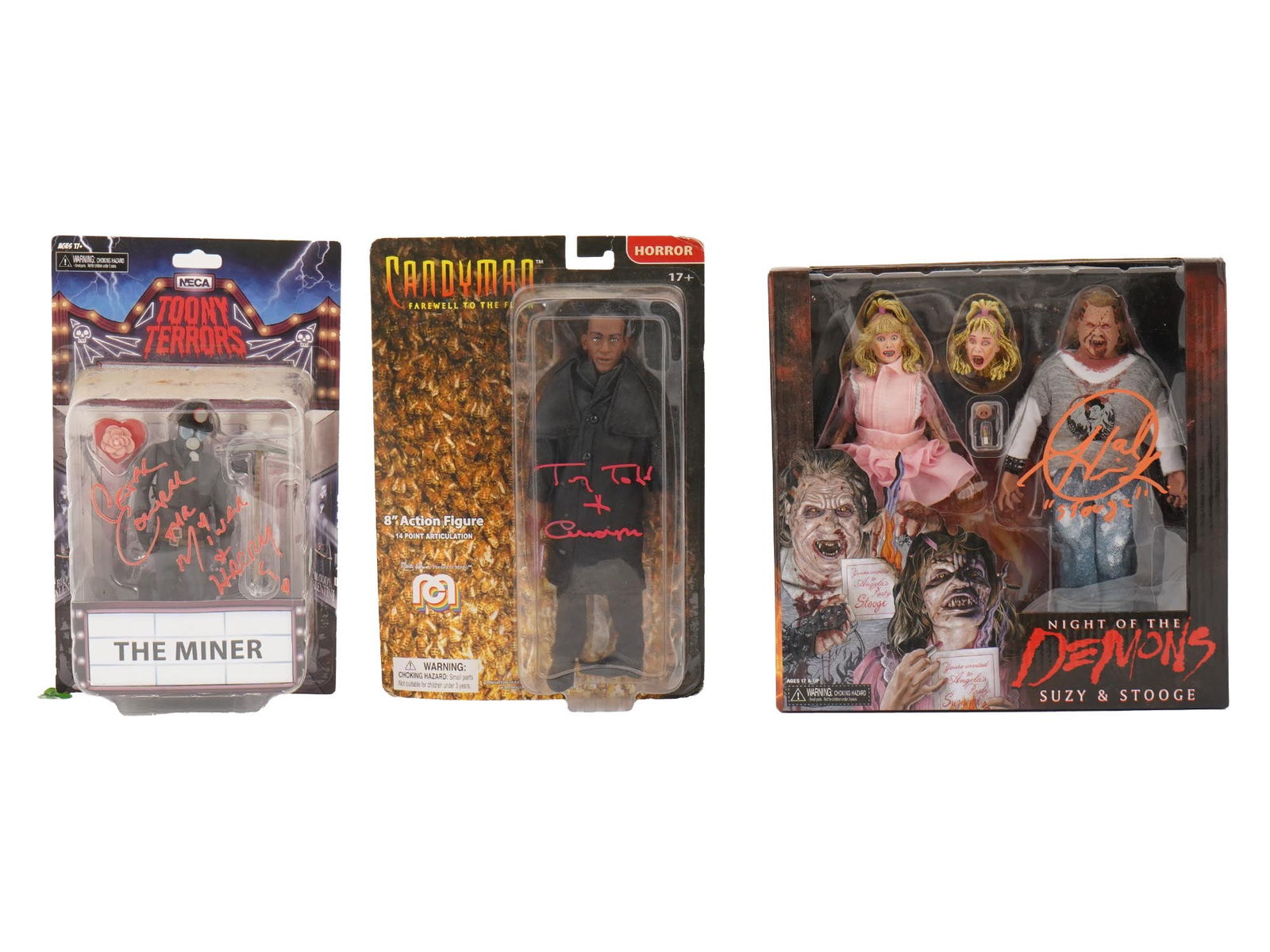 VINTAGE HORROR THEMED NECA ACTION FIGURES AUTOGRAPHED: Three vintage horror-themed NECA action figures, each signed by actors associated with their respective films. The lot includes The Miner from the Toony Terrors line My Bloody Valentine, signed in sil