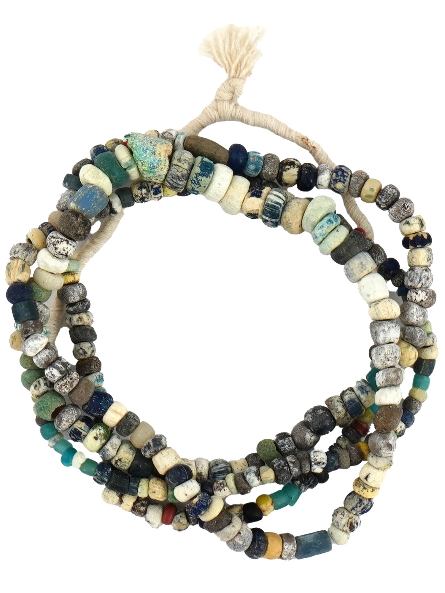 ANCIENT ROMAN NECKLACE OF MULTICOLOR GLASS BEADS: An ancient Roman necklace dating from 100 to 300 AD. Composed of multicolor glass beads. The necklace reflects the fashion and cultural significance of adornment in the Roman Empire, often worn as sym