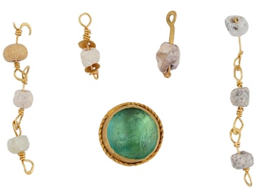 ANCIENT ROMAN GOLD GLASS STONE AND BEADED PENDANTS
