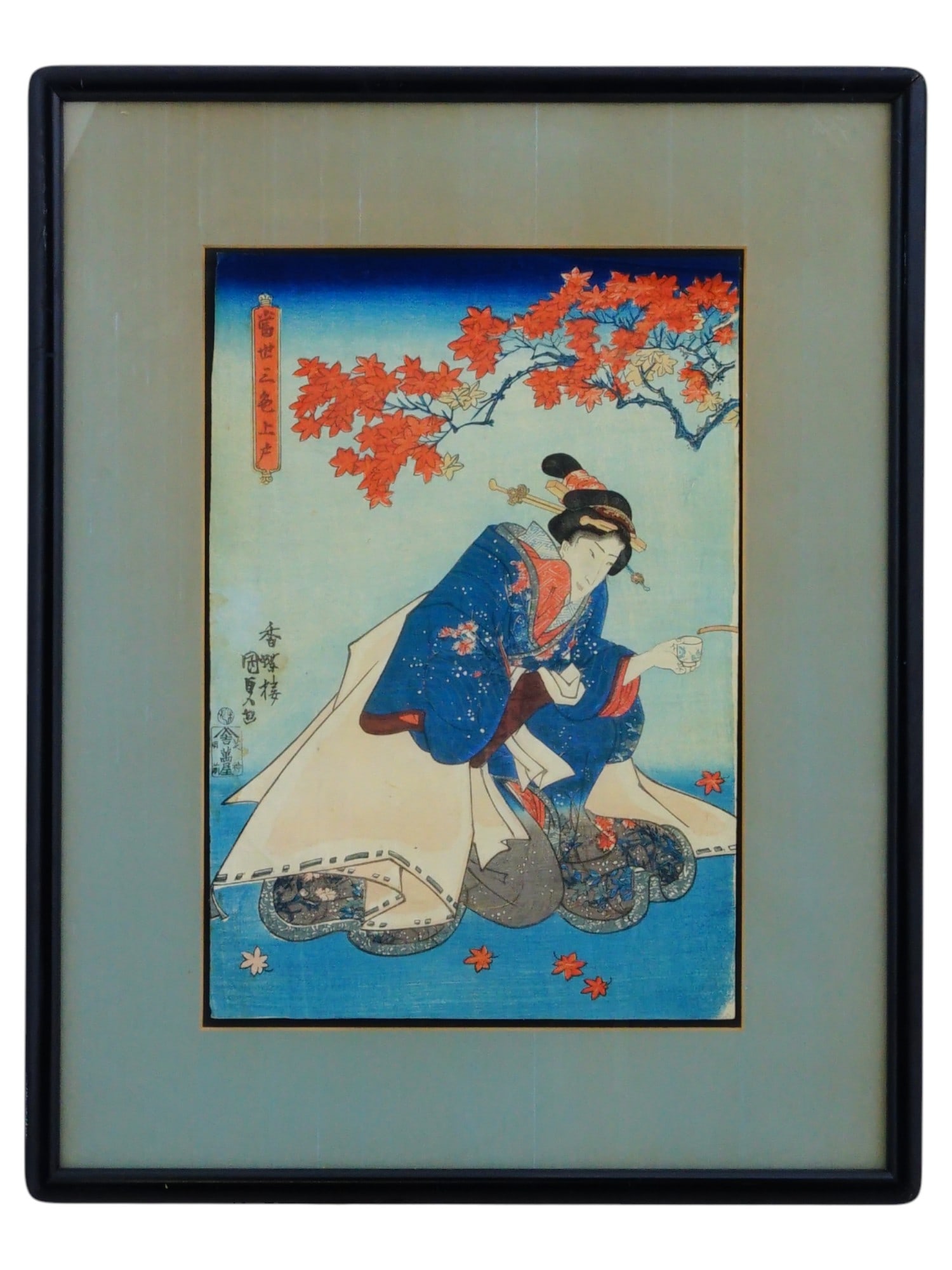 ATTR UTAGAWA KUNISADA JAPANESE WOODBLOCK: Attributed to Utagawa Kunisada, also known as Utagawa Toyokuni III, Japanese, 1786 to 1865, color woodblock on paper. Part I from the triptych work titled Three Kinds of Drunks in the Modern World, ca