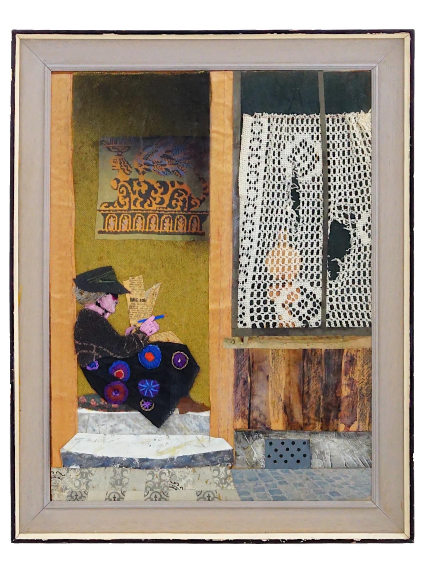 ENGLISH MIX MEDIA CROSSWORD PUZZLE COLLAGE ARTWORK: An English mixed media collage artwork titled Crossword Puzzle. The artwork, using various materials including fabric, wood, and paper, depicts a street scene with a seated elderly woman solving a cro