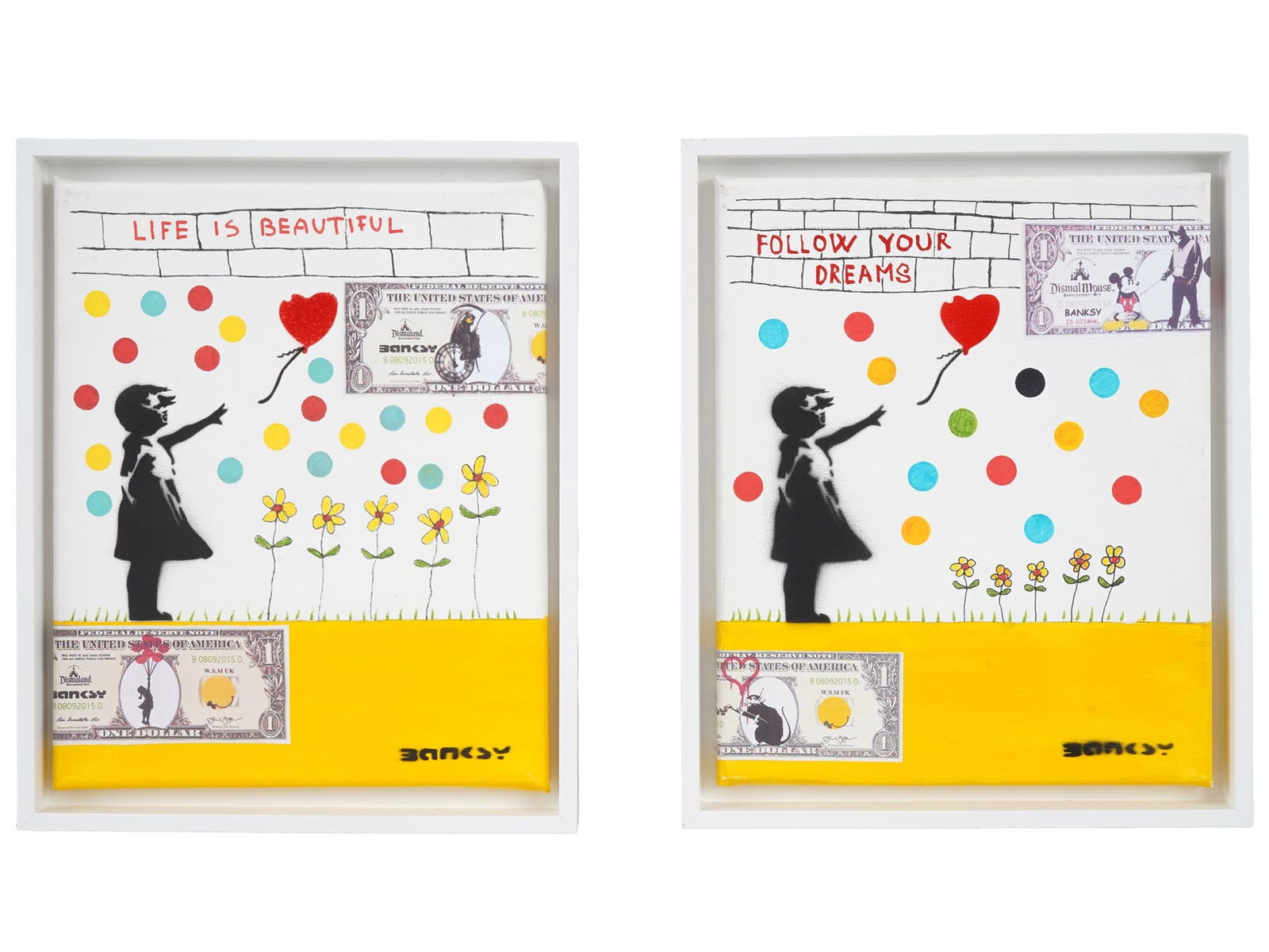 PAIR OF BALLOON MIXED MEDIA PAINTING: A pair of contemporary mixed-media paintings on canvas, Girl with Balloon. Contemporary Street Art, Subculture Artworks, and Collectibles. One of a kind artwork. THIS LOT IS ELIGIBLE FOR A 30-