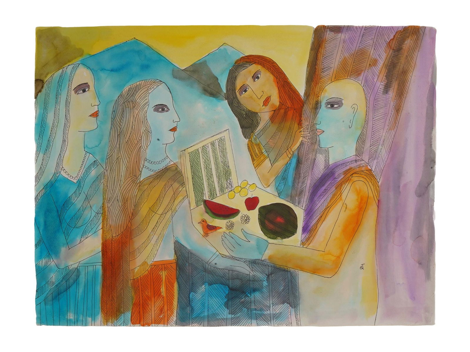INDIAN MIXED MEDIA PAINTING SIGNED BADRI NARAYAN: A mixed media painting on paper depicting a genre scene with four figures. Signed with initials, lower right. Badri Narayan, Indian, 1929 to 2013, is known for Iconic, symbolic figure, genre, townscap