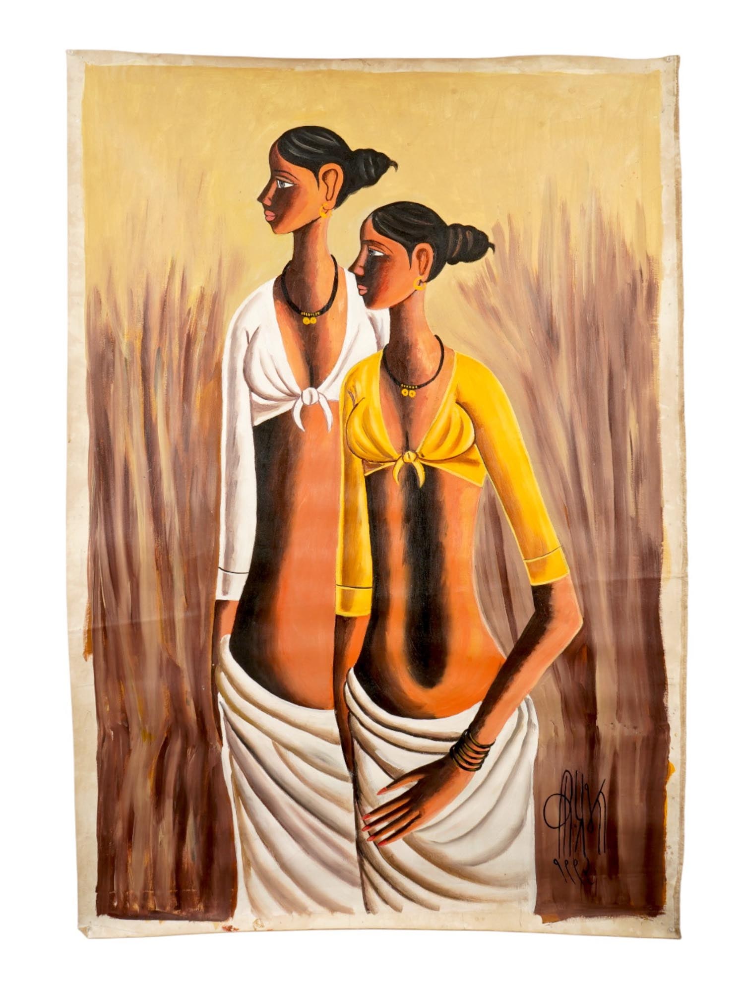 INDIAN PORTRAIT ACRYLIC PAINTING SIGNED B PRABHA: An acrylic painting on canvas depicting a double portrait of women. Signed, B. Prabha, and probably dated 1999, lower right. B. Prabha, is known for Female portrait, figure, genre easel and mural pain