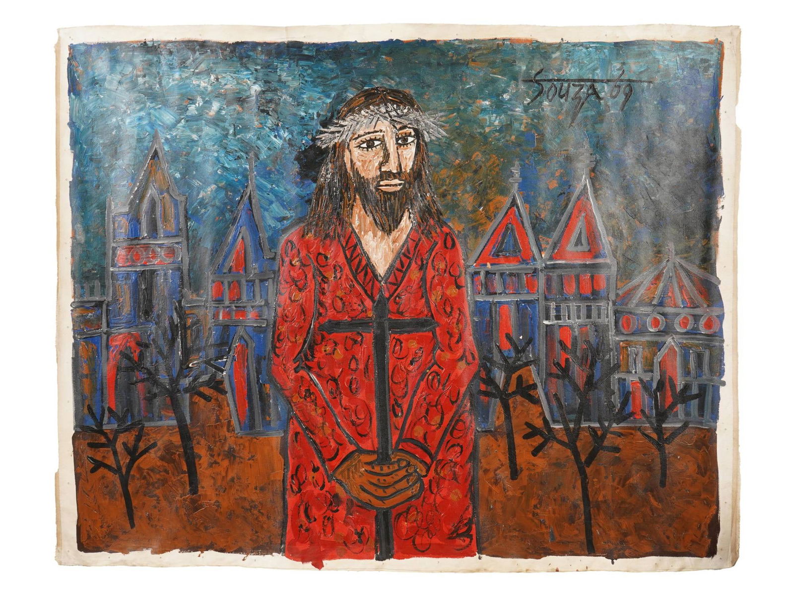 ACRYLIC INDIAN PAINTING SIGNED F N SOUZA (1 of 4)