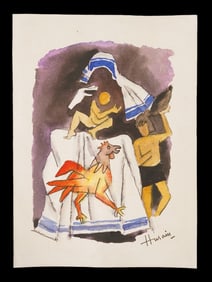 SIGNED M F HUSAIN INDIAN WATERCOLOR PAINTING