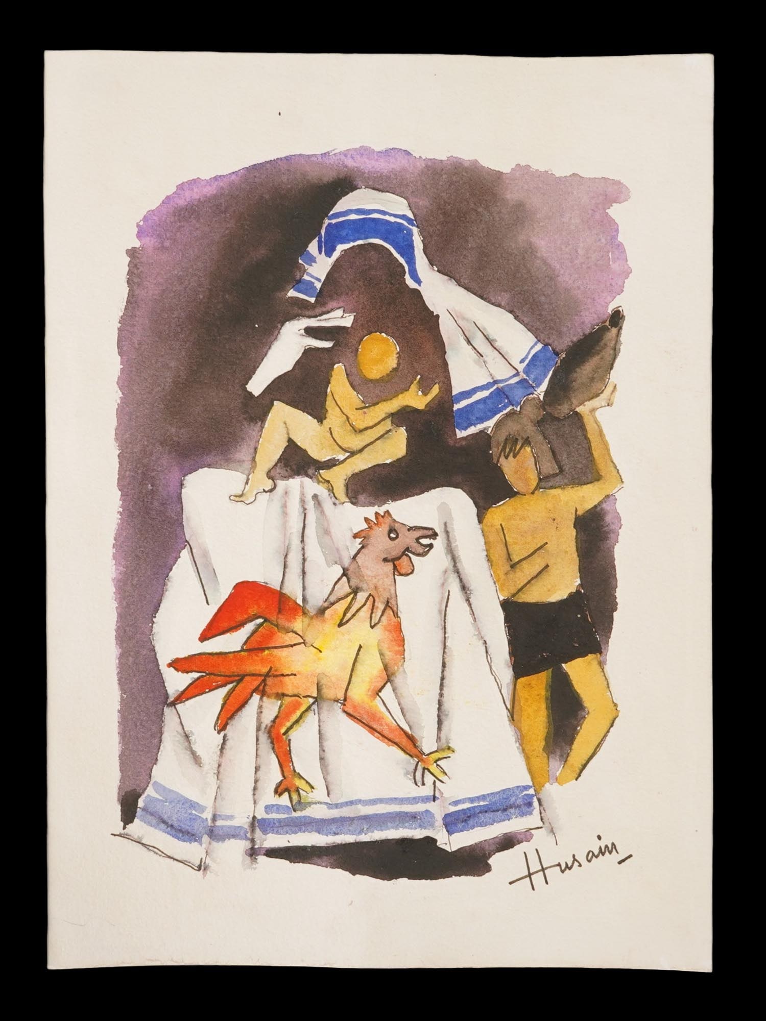 SIGNED M F HUSAIN INDIAN WATERCOLOR PAINTING (1 of 4)