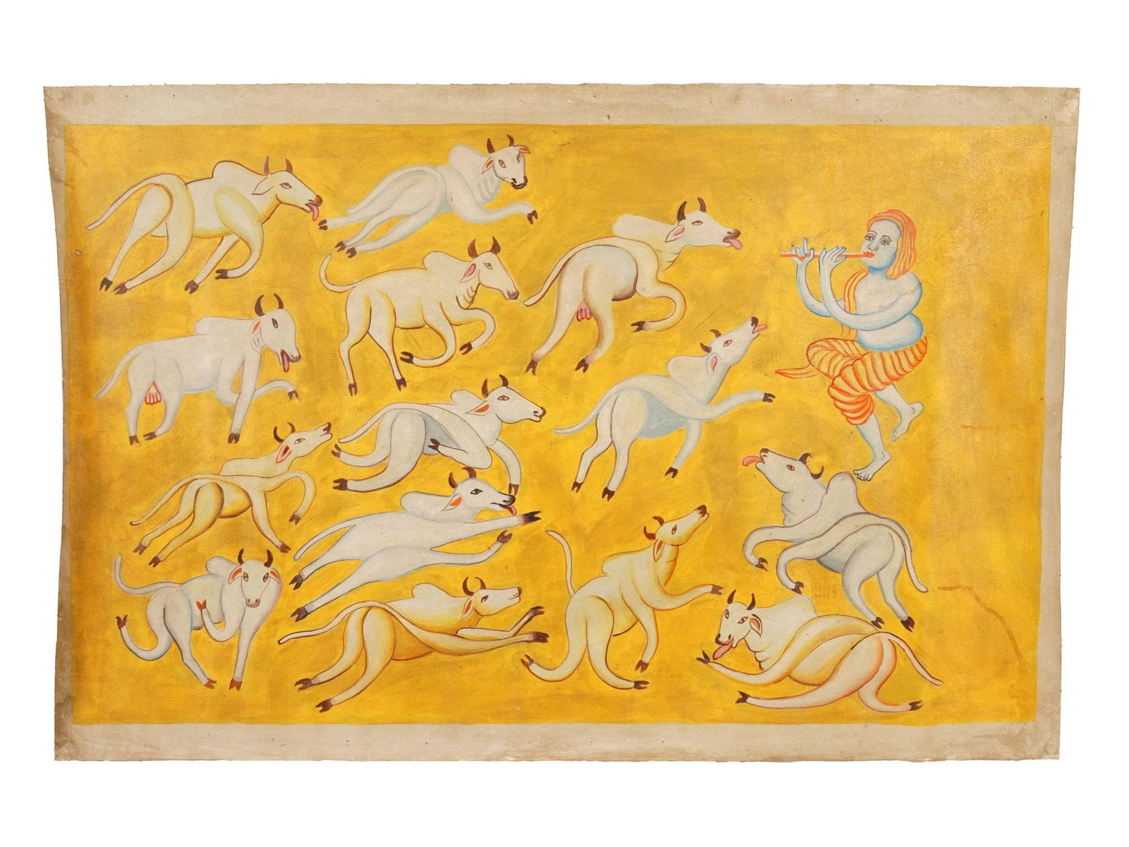 INDIAN OIL PAINTING SIGNED MANJIT BAWA: An oil on canvas painting signed Manjit Bawa, Indian, 1941 to 2008. The artwork depicts Krishna fluting to a herd of bulls. Signed on the back side, dated 1989. Unframed. Manjit Bawa was a student of