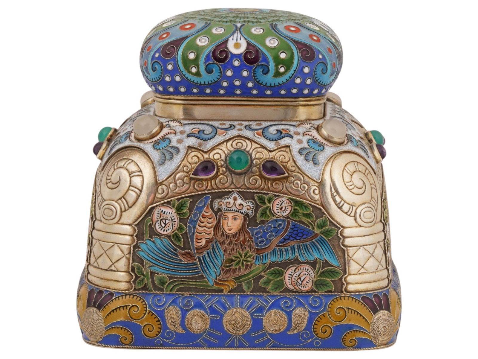 EXTRA LARGE RUSSIAN SILVER ENAMEL TEA CADDY W GEMSTONES (1 of 11)