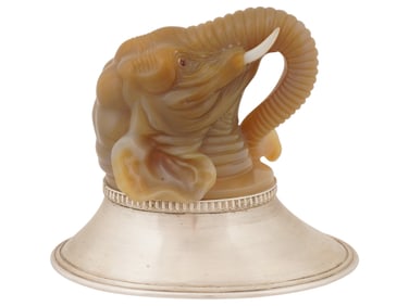 RUSSIAN SILVER AGATE GOLD RUBY ELEPHANT STIRRUP CUP