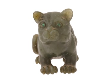 RUSSIAN CARVED JADE CAT FIGURE WITH EMERALD EYES