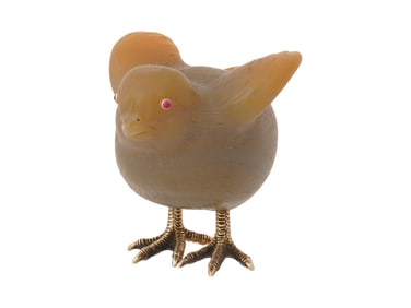 RUSSIAN AGATE SILVER CHICK FIGURE W GOLD RUBY EYES