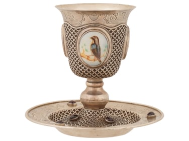JUDAICA RUSSIAN SILVER ENAMEL KIDDUSH CUP SAUCER SET