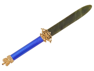 RUSSIAN GILT SILVER ENAMEL JADE RUBY LETTER OPENER