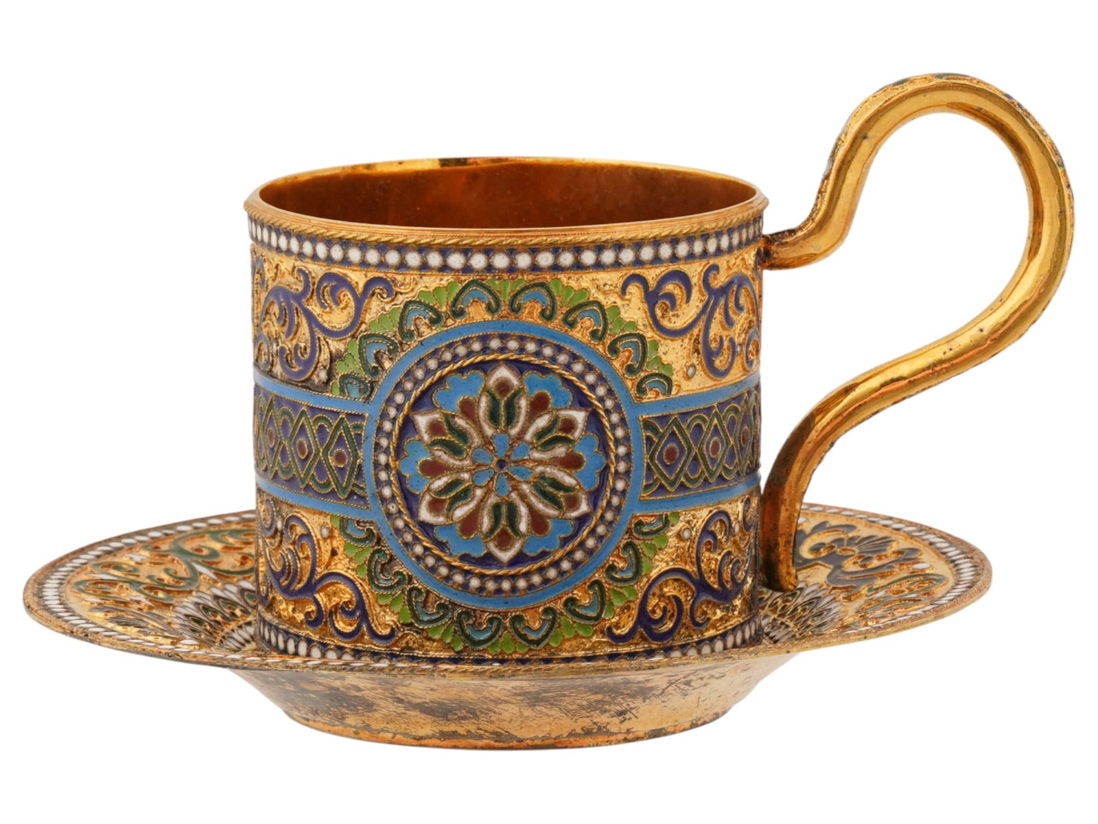 RUSSIAN GILT SILVER ENAMEL TEA CUP WITH A SAUCER (1 of 9)