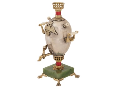 RUSSIAN SILVER ENAMEL SAMOVAR EASTER EGG ON JADE BASE