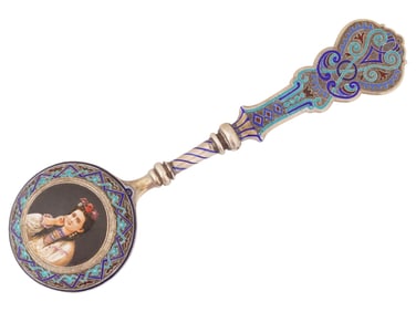 RUSSIAN SILVER ENAMEL TABLE SPOON WITH MINIATURE