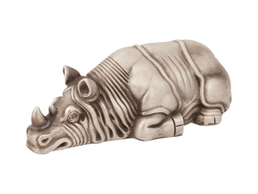 RUSSIAN SILVER FIGURINE OF A RHINO W RUBY EYES