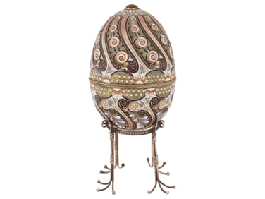RUSSIAN GILT SILVER ENAMEL GEMSTONE EASTER EGG W STAND
