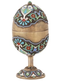 RUSSIAN SILVER CLOISONNE ENAMEL EASTER EGG W EMERALD