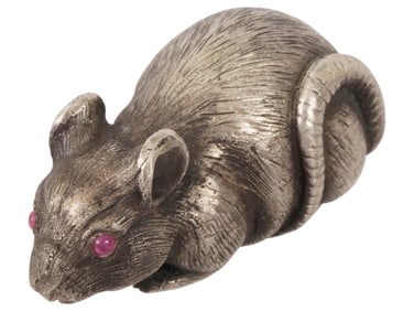 RUSSIAN SOLID SILVER FIGURINE OF RAT W RUBY EYES