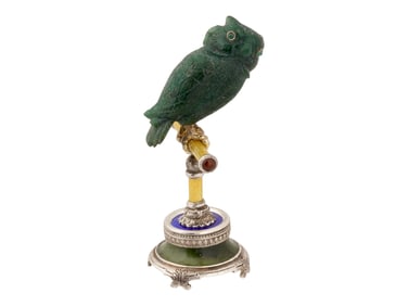 RUSSIAN SILVER ENAMEL JADE EMERALD OWL FIGURE W STAND