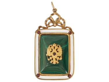 RUSSIAN SILVER ENAMEL AND MALACHITE PENDANT W GEMSTONES