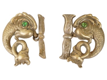 PAIR OF RUSSIAN SILVER DOLPHIN CUFFLINKS W EMERALD EYES