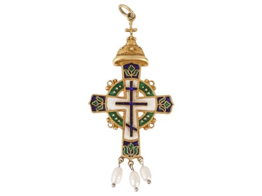 RUSSIAN SILVER ENAMEL CROSS PENDANT W NATURAL PEARLS