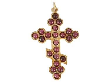 RUSSIAN 88 GILT SILVER CROSS PENDANT WITH GARNETS