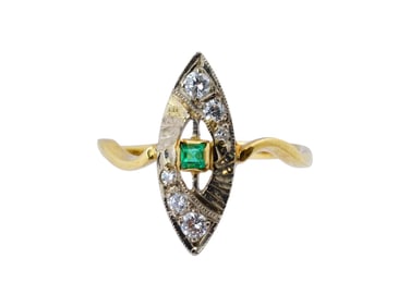 VINTAGE ART DECO 18K GOLD ENAMEL DIAMOND NAVETTE RING