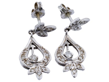 14K WHITE GOLD FOLIAGE DIAMONDS JEWELRY EARRINGS